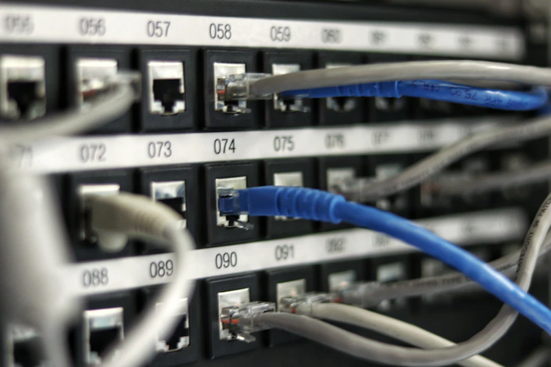 Cabos de rede organizados em um rack de servidores